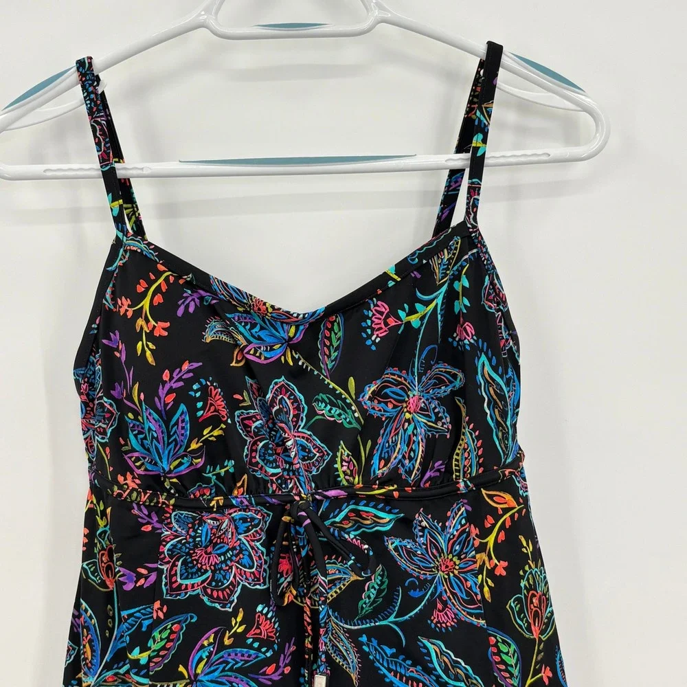 Womens Floral‎ Swim Dress Black Multicolor Adjustable Straps Empire Waist NWOT
